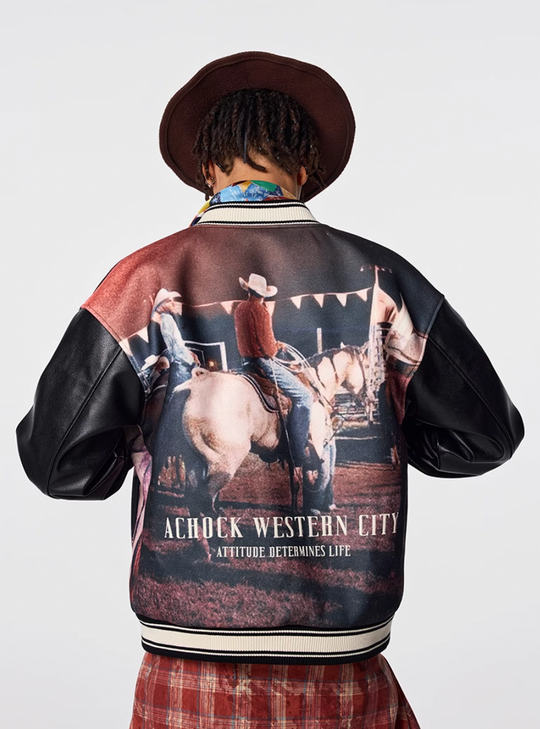 Achock Western Cowboy Full Print PU Leather Varsity Jacket | Face 3 Face