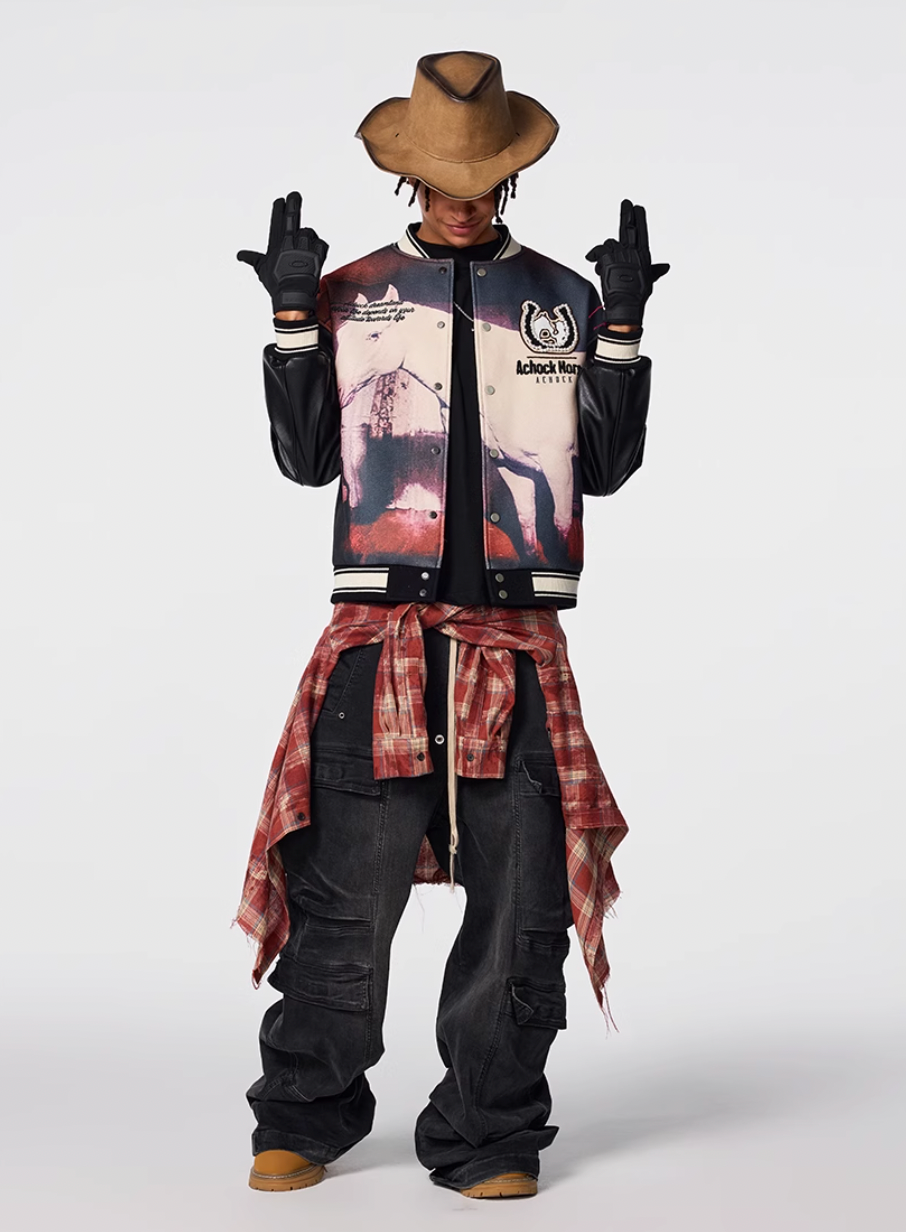 Achock Western Cowboy Full Print PU Leather Varsity Jacket | Face 3 Face