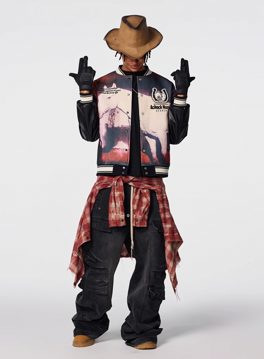 Achock Western Cowboy Full Print PU Leather Varsity Jacket | Face 3 Face