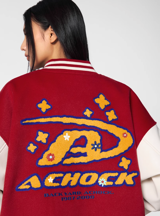 Achock Logo Embroidery Red Varsity Jacket | Face 3 Face
