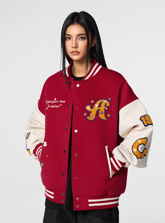 Achock Logo Embroidery Red Varsity Jacket | Face 3 Face