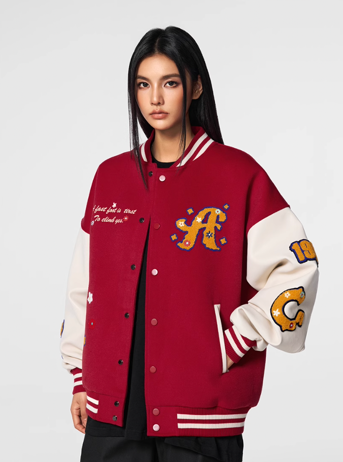 Achock Logo Embroidery Red Varsity Jacket | Face 3 Face