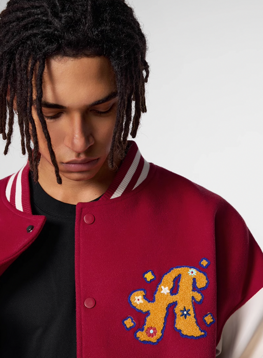 Achock Logo Embroidery Red Varsity Jacket | Face 3 Face