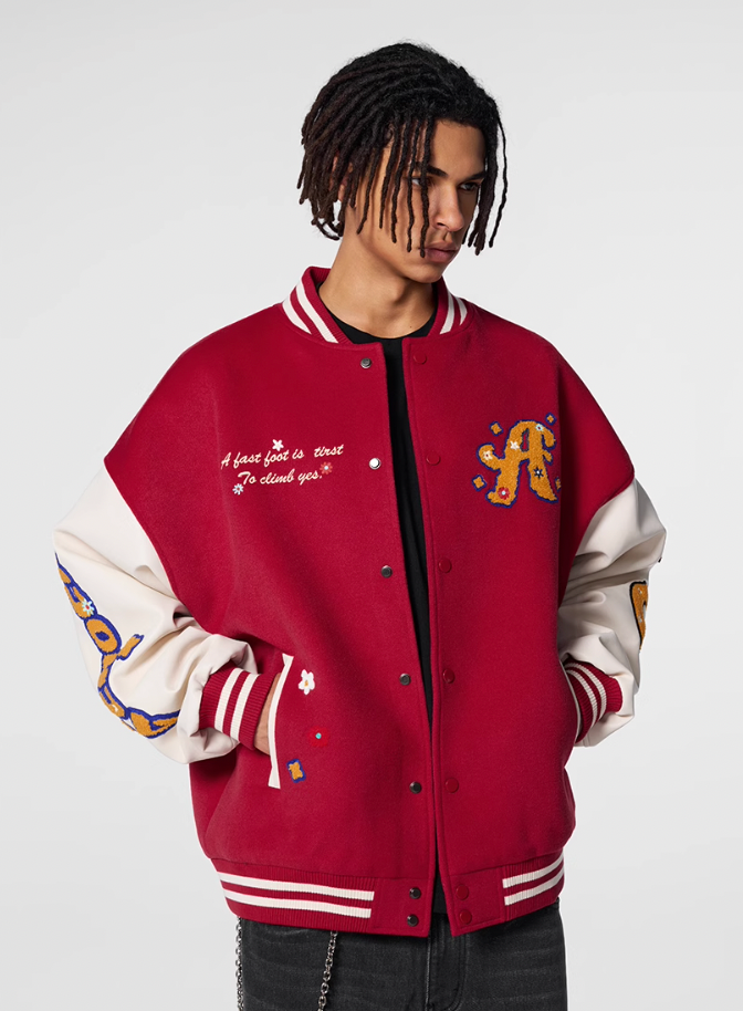 Achock Logo Embroidery Red Varsity Jacket | Face 3 Face