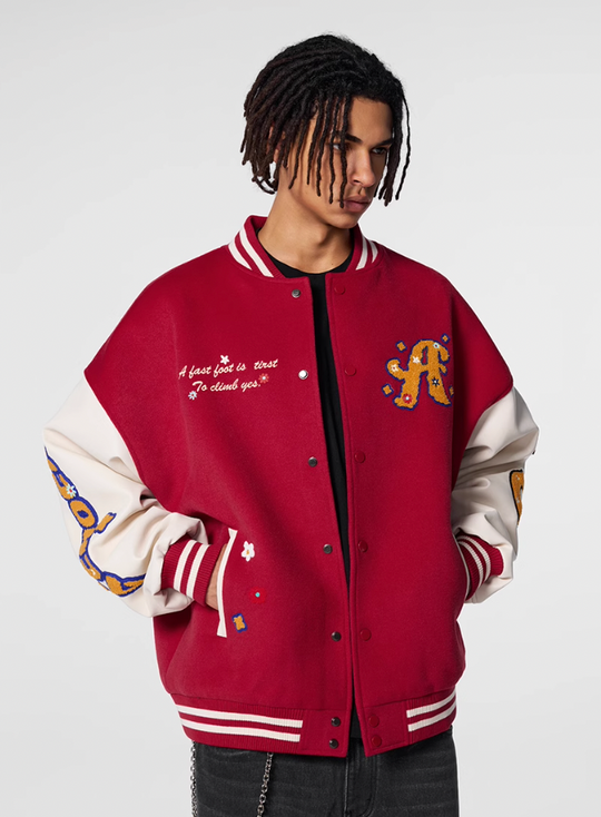Achock Logo Embroidery Red Varsity Jacket | Face 3 Face