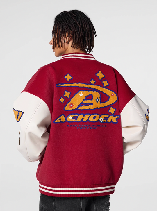 Achock Logo Embroidery Red Varsity Jacket | Face 3 Face