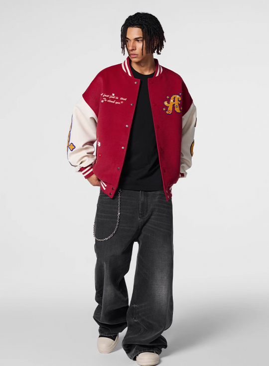 Achock Logo Embroidery Red Varsity Jacket | Face 3 Face