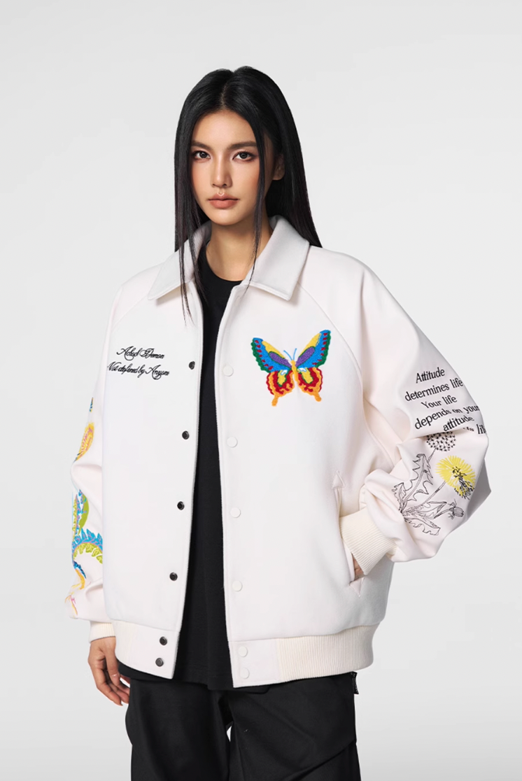 Racer varsity jacket | Achock Colorful Butterfly Embroidery Varsity Jacket | Face 3 Face
