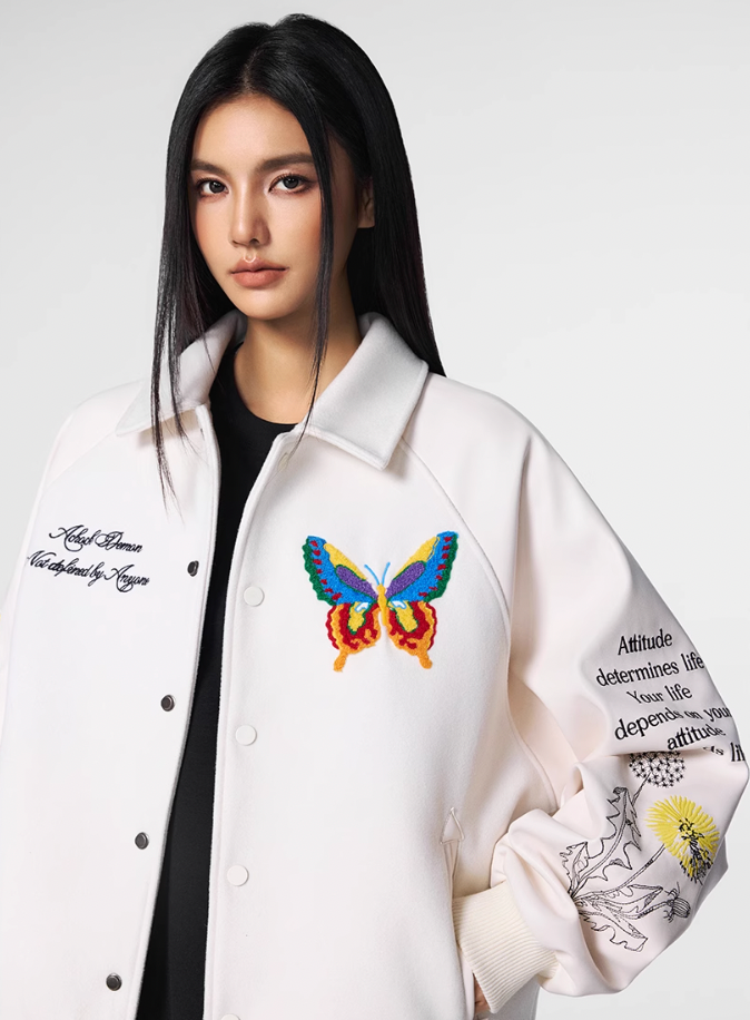 Racer varsity jacket | Achock Colorful Butterfly Embroidery Varsity Jacket | Face 3 Face