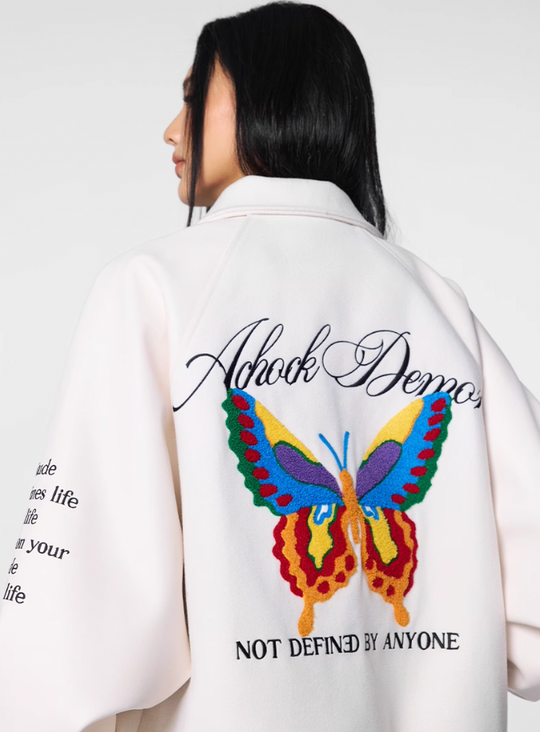 Racer varsity jacket | Achock Colorful Butterfly Embroidery Varsity Jacket | Face 3 Face