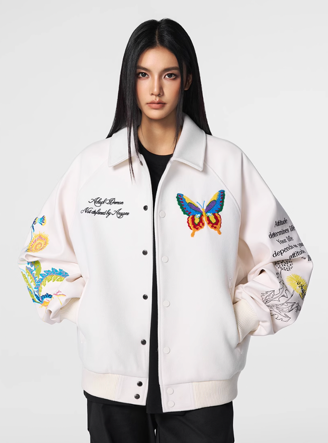 Racer varsity jacket | Achock Colorful Butterfly Embroidery Varsity Jacket | Face 3 Face
