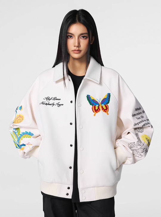 Racer varsity jacket | Achock Colorful Butterfly Embroidery Varsity Jacket | Face 3 Face