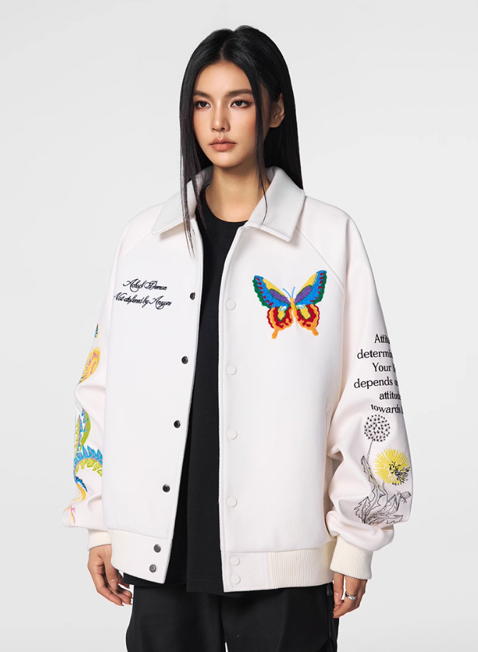 Racer varsity jacket | Achock Colorful Butterfly Embroidery Varsity Jacket | Face 3 Face
