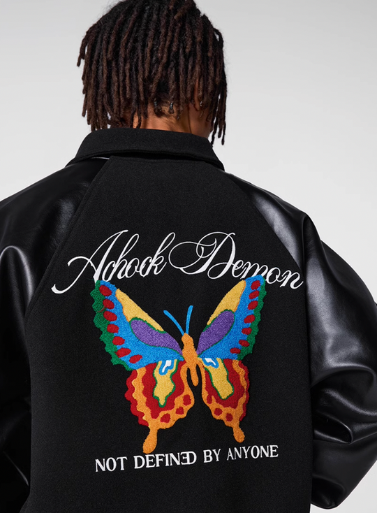 Racer varsity jacket | Achock Colorful Butterfly Embroidery Varsity Jacket | Face 3 Face