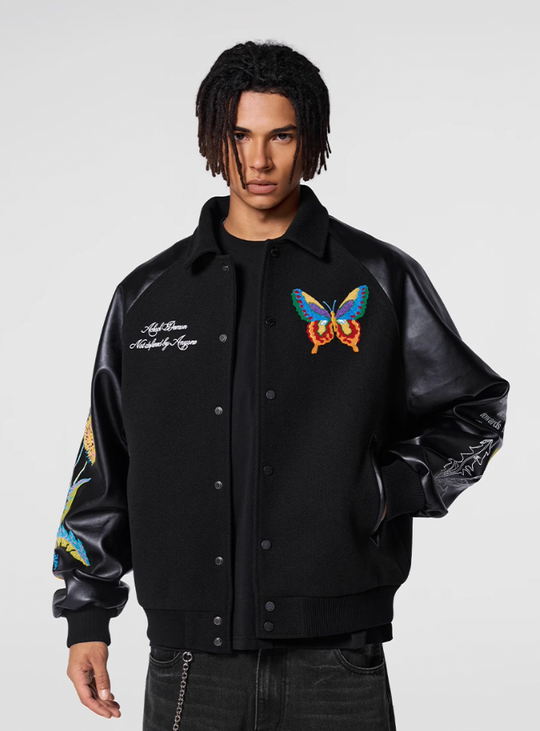 Racer varsity jacket | Achock Colorful Butterfly Embroidery Varsity Jacket | Face 3 Face