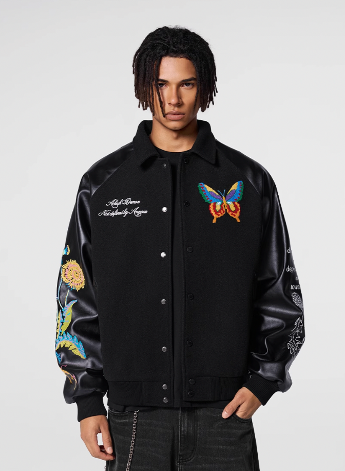 Racer varsity jacket | Achock Colorful Butterfly Embroidery Varsity Jacket | Face 3 Face