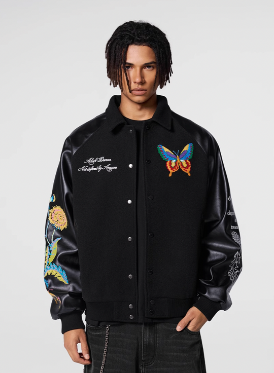 Racer varsity jacket | Achock Colorful Butterfly Embroidery Varsity Jacket | Face 3 Face