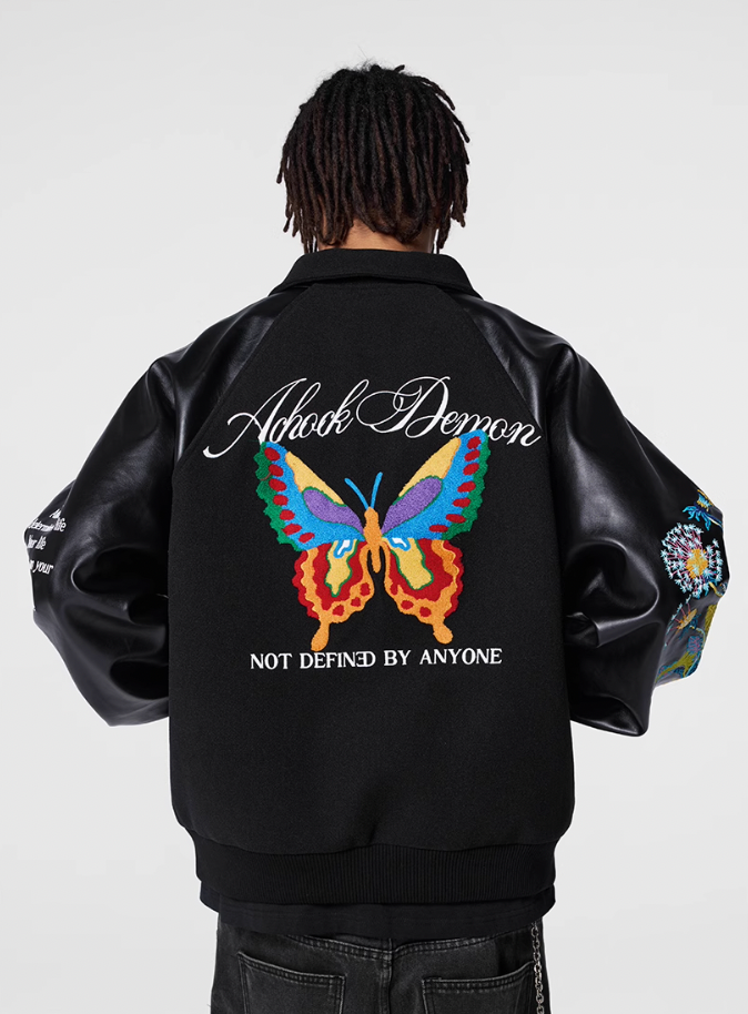 Racer varsity jacket | Achock Colorful Butterfly Embroidery Varsity Jacket | Face 3 Face