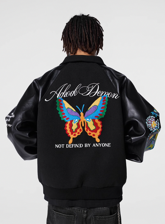 Racer varsity jacket | Achock Colorful Butterfly Embroidery Varsity Jacket | Face 3 Face