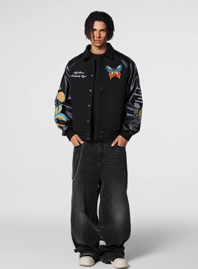 Racer varsity jacket | Achock Colorful Butterfly Embroidery Varsity Jacket | Face 3 Face