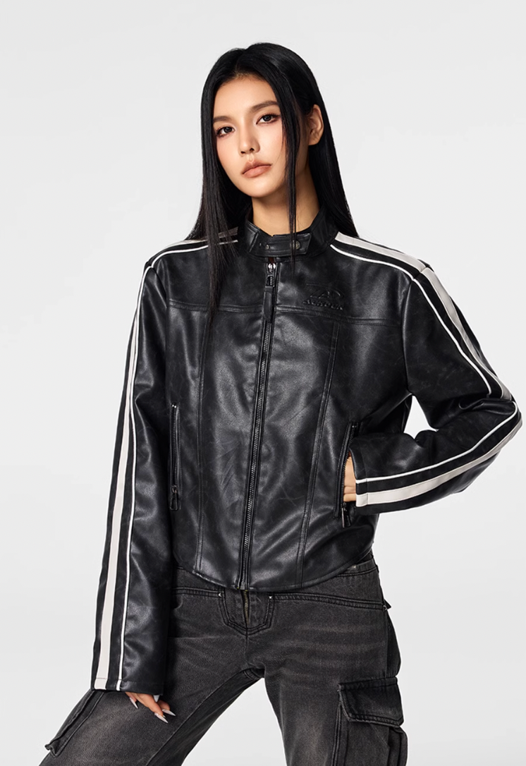 Biker jacket | Achock Girls' Striped Leather Short Motorcycle Jacket | Face 3 Face