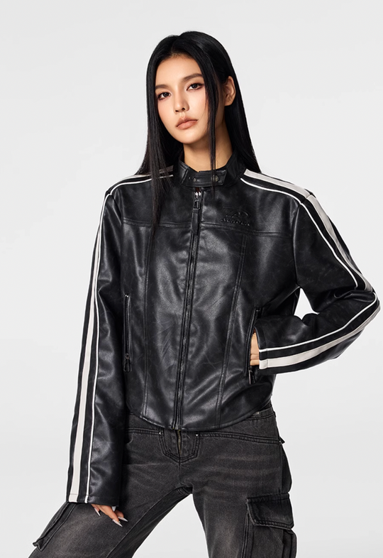 Biker jacket | Achock Girls' Striped Leather Short Motorcycle Jacket | Face 3 Face