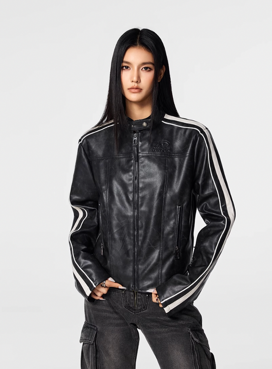 Biker jacket | Achock Girls' Striped Leather Short Motorcycle Jacket | Face 3 Face