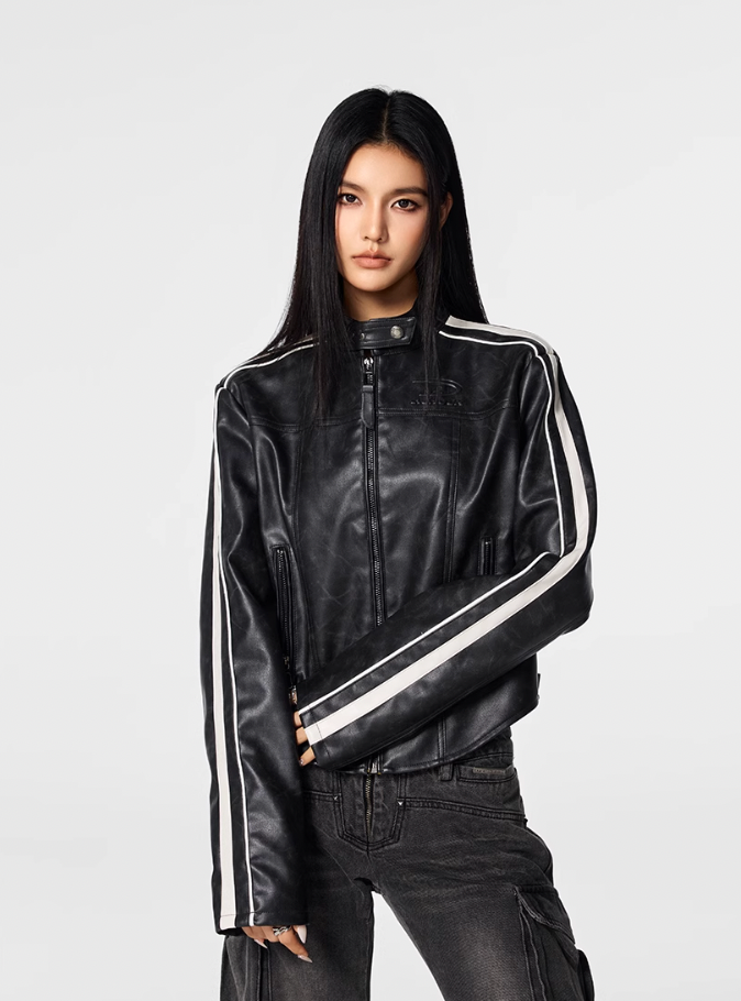 Biker jacket | Achock Girls' Striped Leather Short Motorcycle Jacket | Face 3 Face