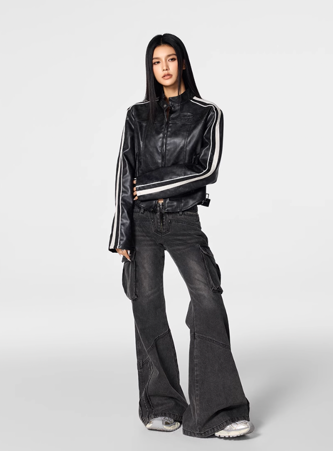 Biker jacket | Achock Girls' Striped Leather Short Motorcycle Jacket | Face 3 Face