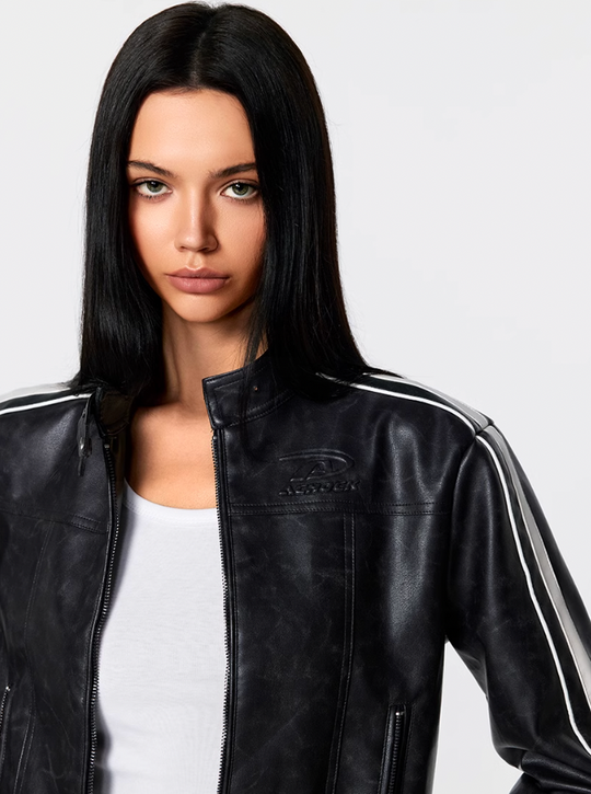 Biker jacket | Achock Girls' Striped Leather Short Motorcycle Jacket | Face 3 Face