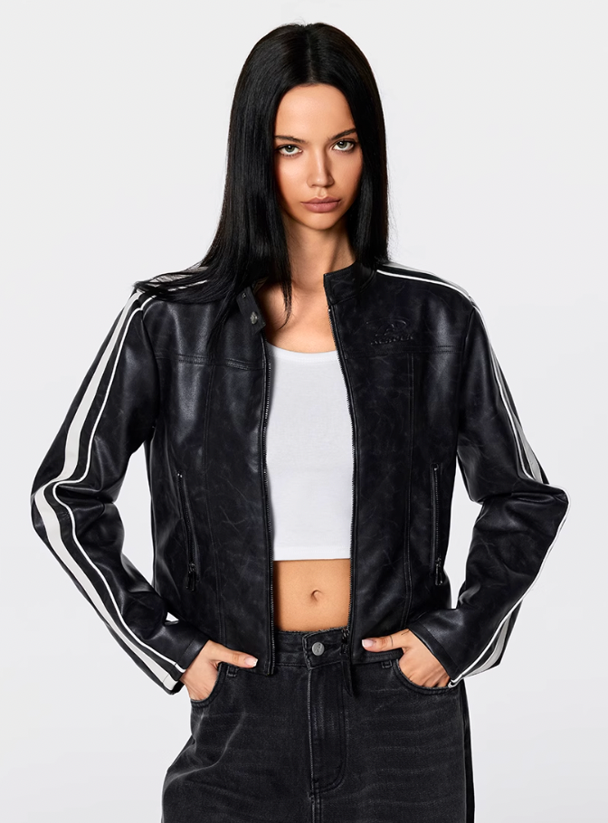 Biker jacket | Achock Girls' Striped Leather Short Motorcycle Jacket | Face 3 Face