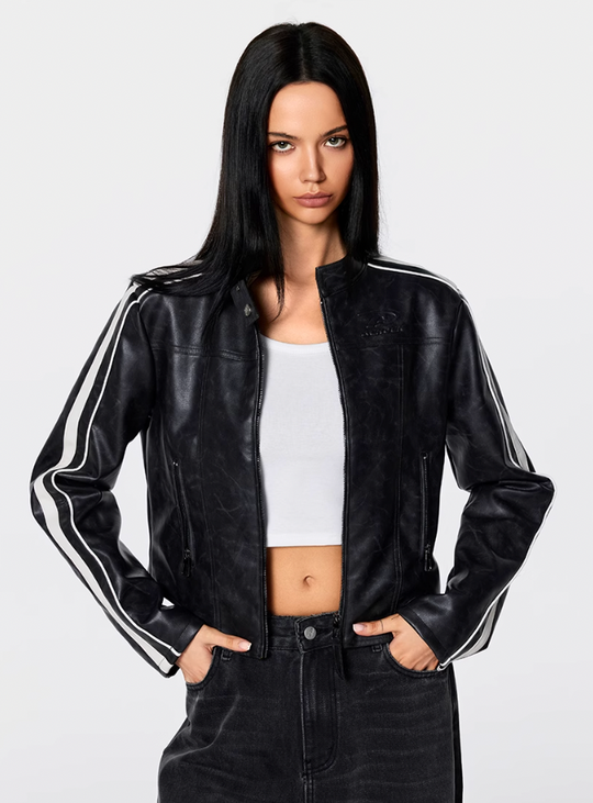 Biker jacket | Achock Girls' Striped Leather Short Motorcycle Jacket | Face 3 Face