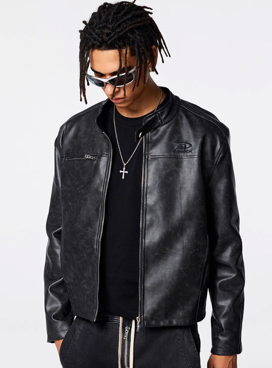 Achock Logo Embroidered Leather Short Motorcycle Jacket | Face 3 Face