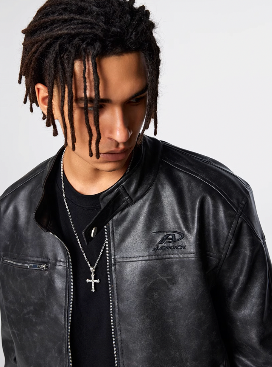 Achock Logo Embroidered Leather Short Motorcycle Jacket | Face 3 Face