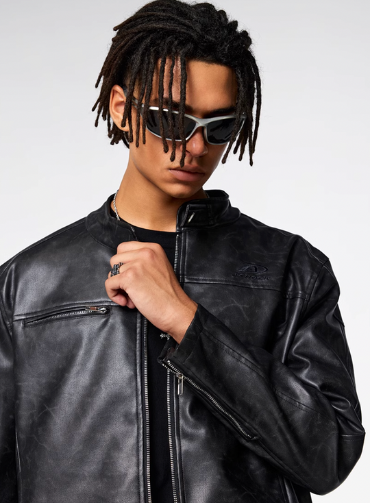 Achock Logo Embroidered Leather Short Motorcycle Jacket | Face 3 Face