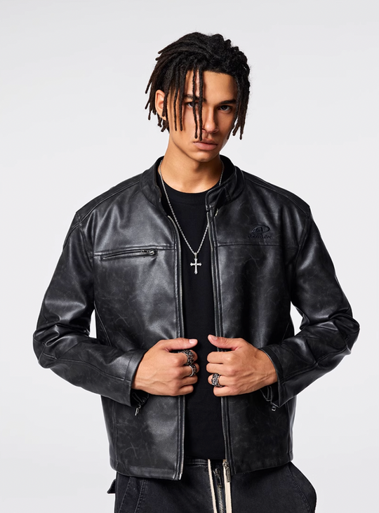 Achock Logo Embroidered Leather Short Motorcycle Jacket | Face 3 Face