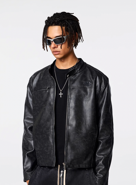 Achock Logo Embroidered Leather Short Motorcycle Jacket | Face 3 Face