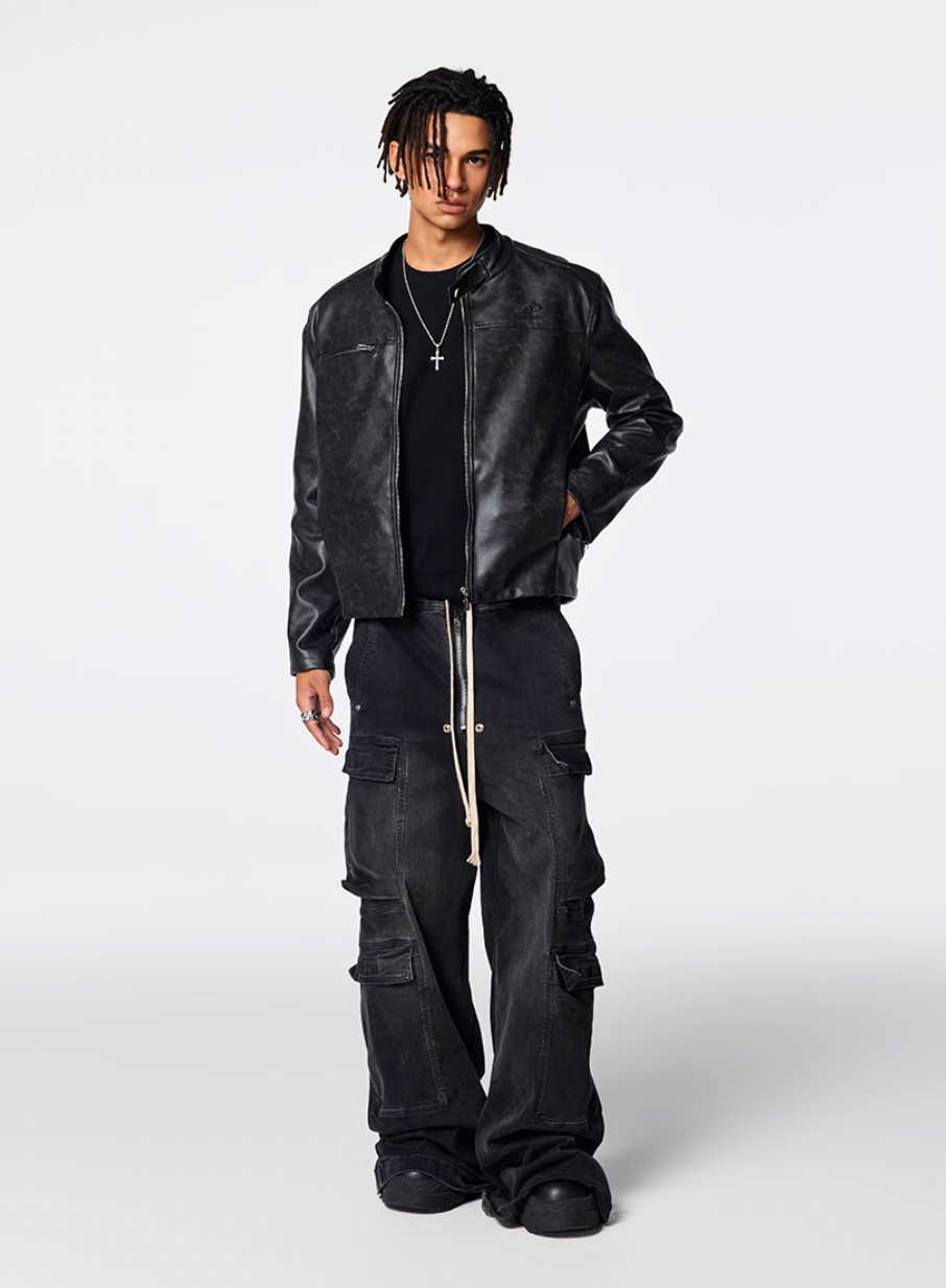 Achock Logo Embroidered Leather Short Motorcycle Jacket | Face 3 Face