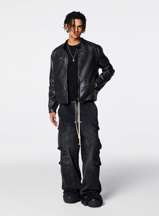 Achock Logo Embroidered Leather Short Motorcycle Jacket | Face 3 Face