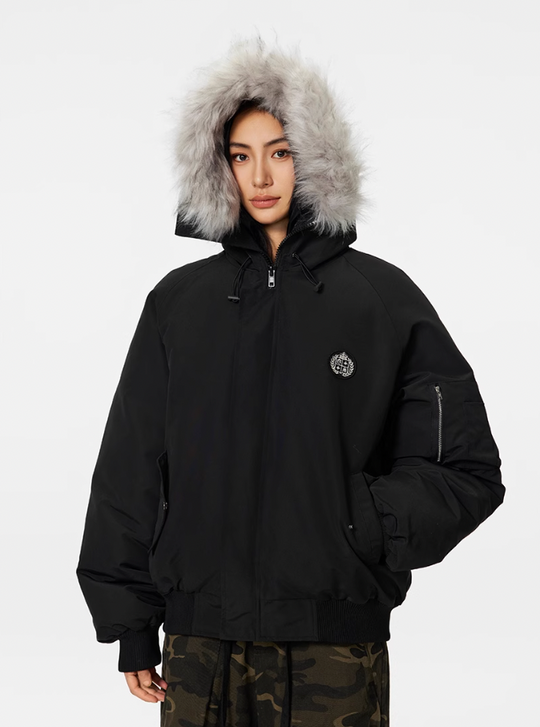 Bomber Jacket | Achock Faux Fur Hooded Bomber Jacket | Face 3 Face