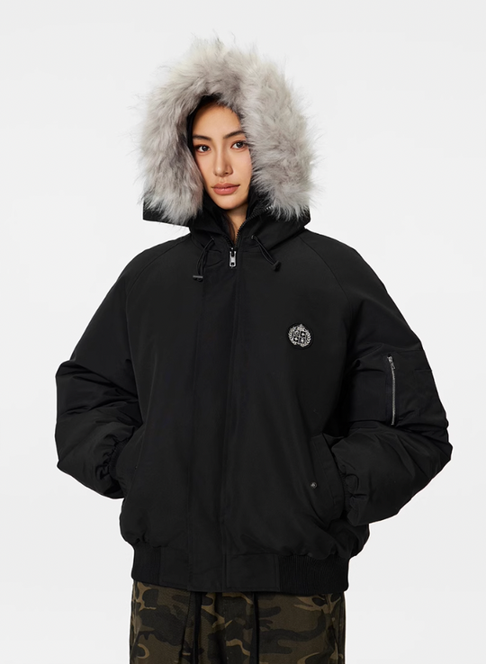 Bomber Jacket | Achock Faux Fur Hooded Bomber Jacket | Face 3 Face