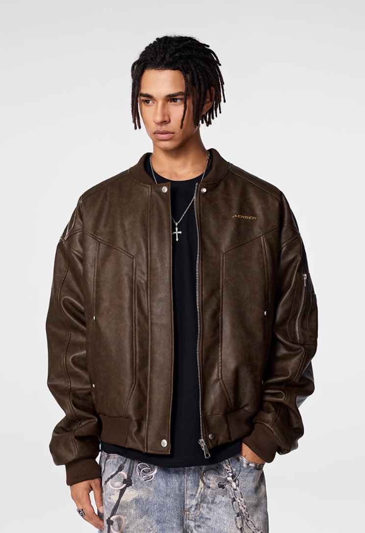 Bomber Jacket | Achock Brown PU Leather MA-1 Bomber Jacket | Face 3 Face