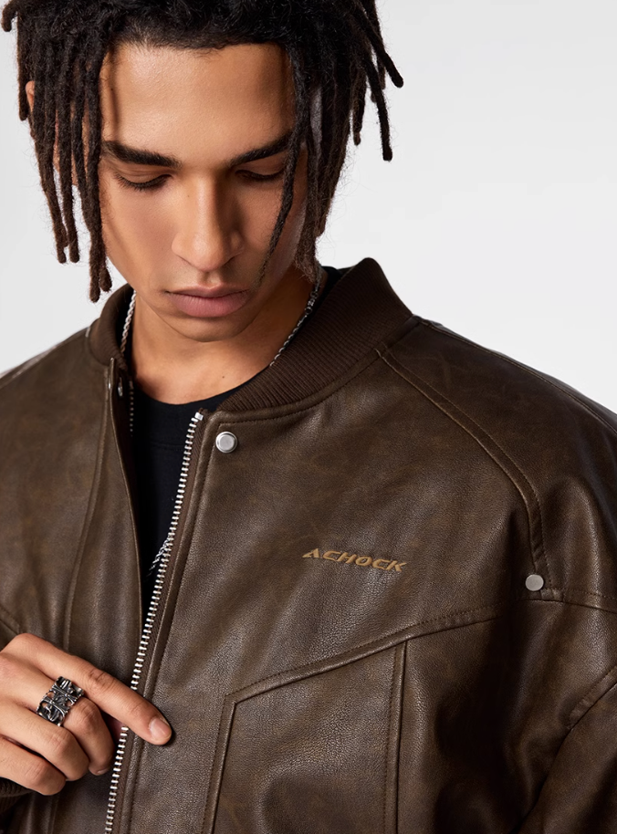 Bomber Jacket | Achock Brown PU Leather MA-1 Bomber Jacket | Face 3 Face