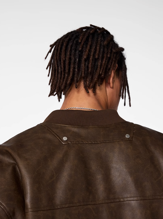 Bomber Jacket | Achock Brown PU Leather MA-1 Bomber Jacket | Face 3 Face