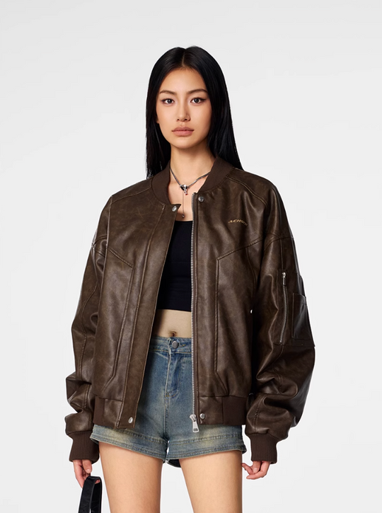 Bomber Jacket | Achock Brown PU Leather MA-1 Bomber Jacket | Face 3 Face