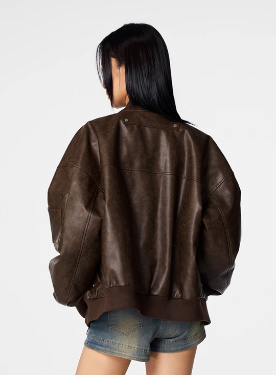 Bomber Jacket | Achock Brown PU Leather MA-1 Bomber Jacket | Face 3 Face
