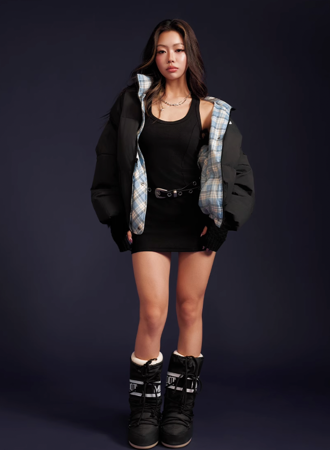 Achock Plaid Lining Reversible Down Jacket | Face 3 Face