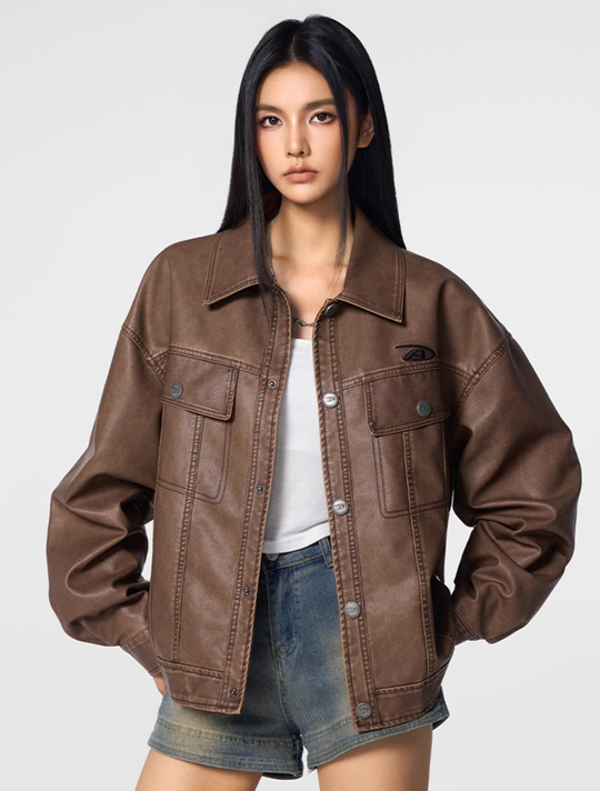 Achock Washed Leather Denim Jacket | Face 3 Face