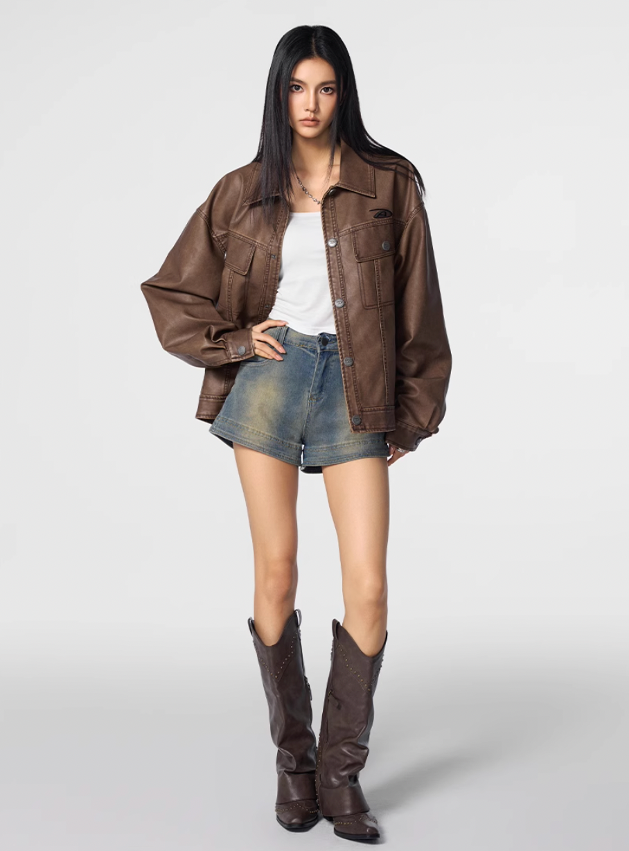 Achock Washed Leather Denim Jacket | Face 3 Face