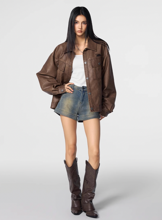 Achock Washed Leather Denim Jacket | Face 3 Face